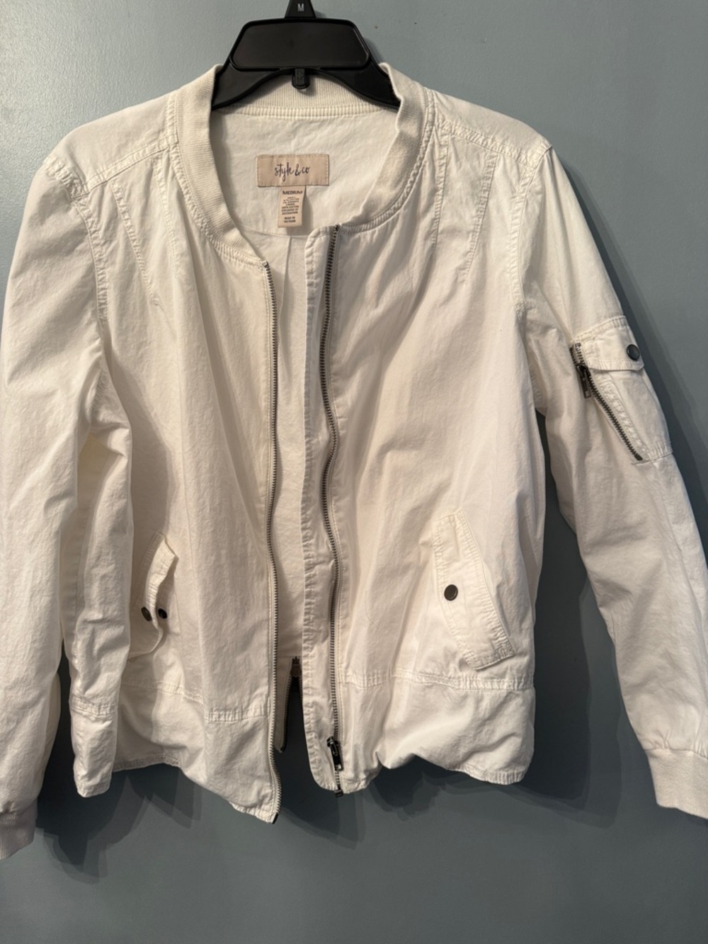 Style & Co. White Women's Bomber Jacket with Sleeve Zip Pocket